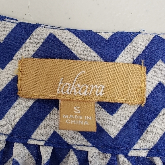 Takara Vneck Chevron Blue White Sheer Top Size Small - Picture 4 of 5